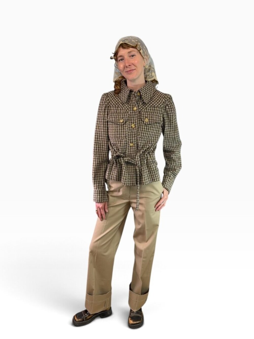 Kenzo Paris Vintage 1970s Wool Tweed Brown & White Short Tie Jacket Sz 40, US S